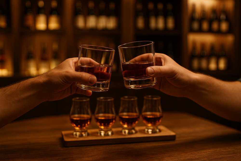 Two hands clinking bourbon glasses in a toast, with a flight of four bourbon tasting glasses blurred in the foreground on a wooden table. A dimly lit bar with bottles is in the background. Members enjoying a bourbon club tasting in Columbia, MO.