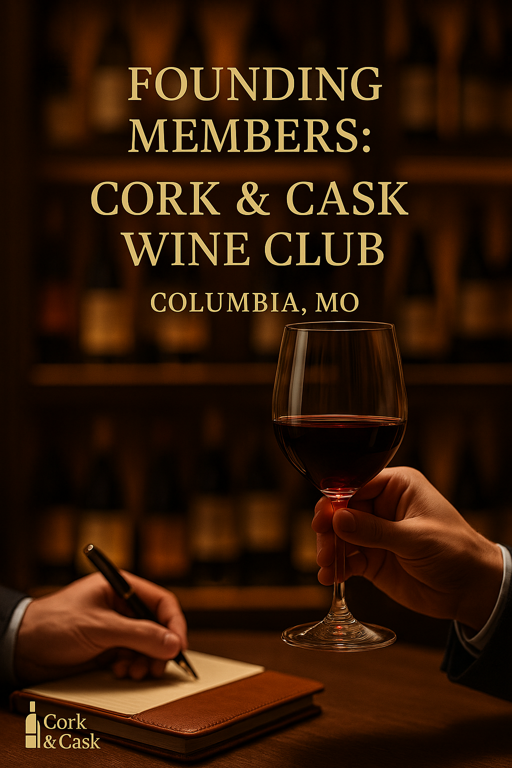 A hand holds a wine glass over a notebook. Text: "Founding Members: Cork & Cask Wine Club, Columbia, MO." Cork & Cask logo.